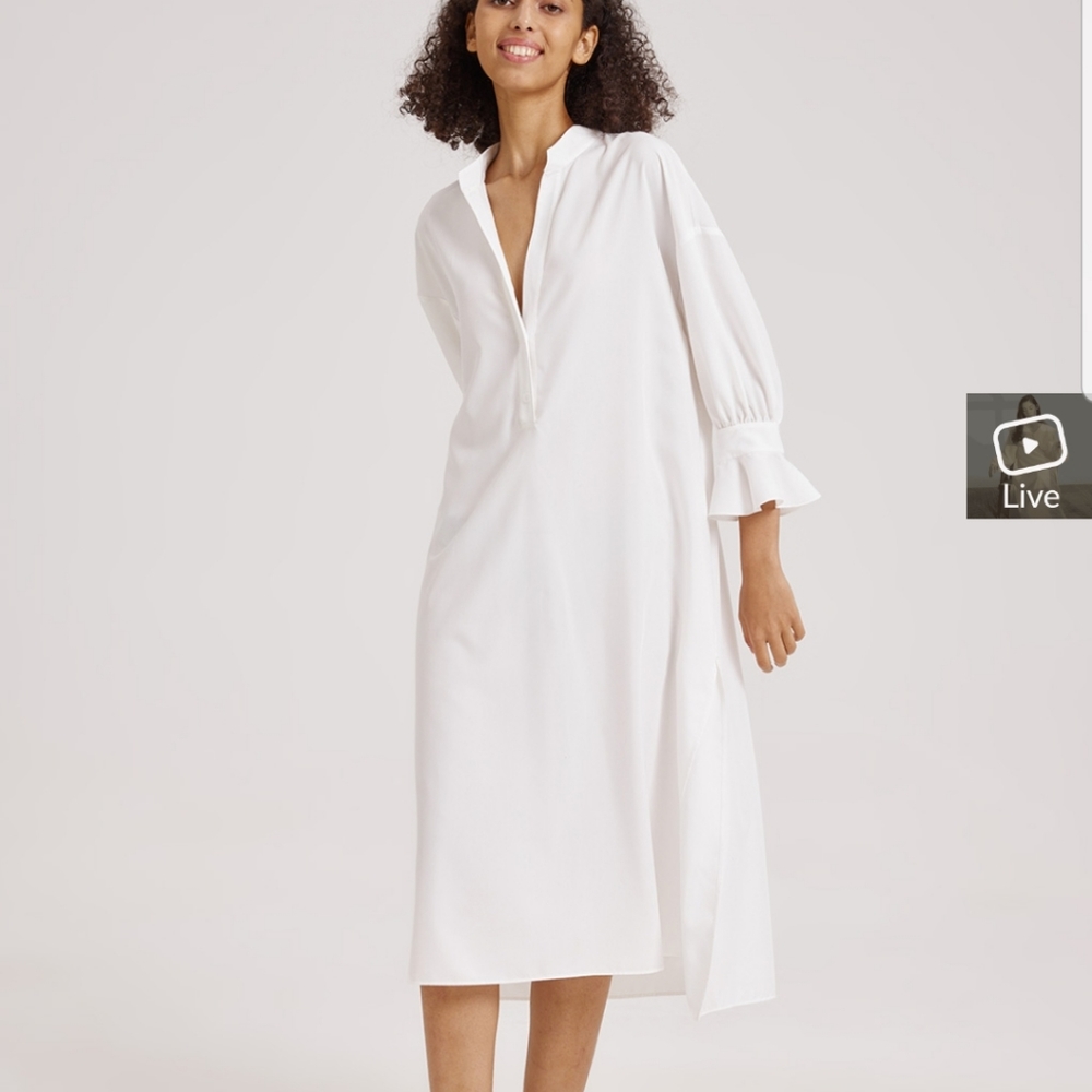 White Ruffle Cuff Shirt Dress by Nap